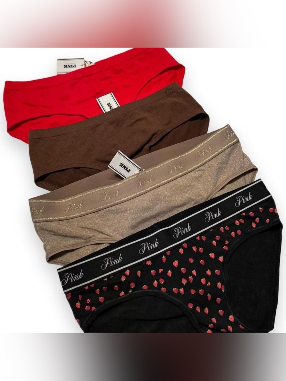 Victoria’s Secret PINK 4 Panty Bundle Extra Small ! Strawberries, shimmer, red